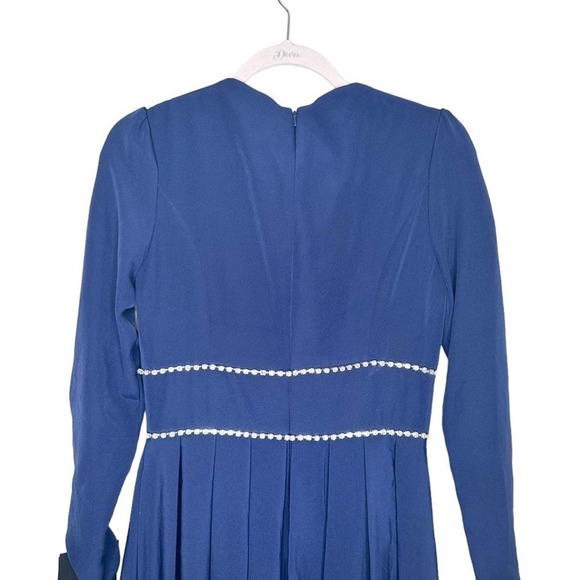 NWT Mac Duggal Size 4 Navy Empire Waist Long Sleeve Pleated Gown - Picture 7 of 10